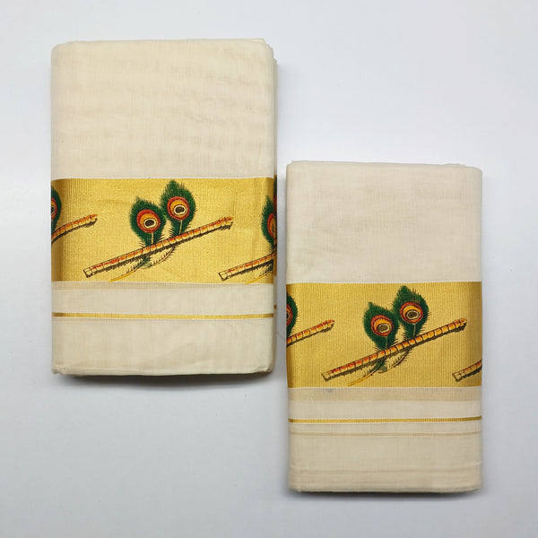 Pure Cotton Set Mundu [Double Set] with Attractive 4" Inch Feather Mural Print Border