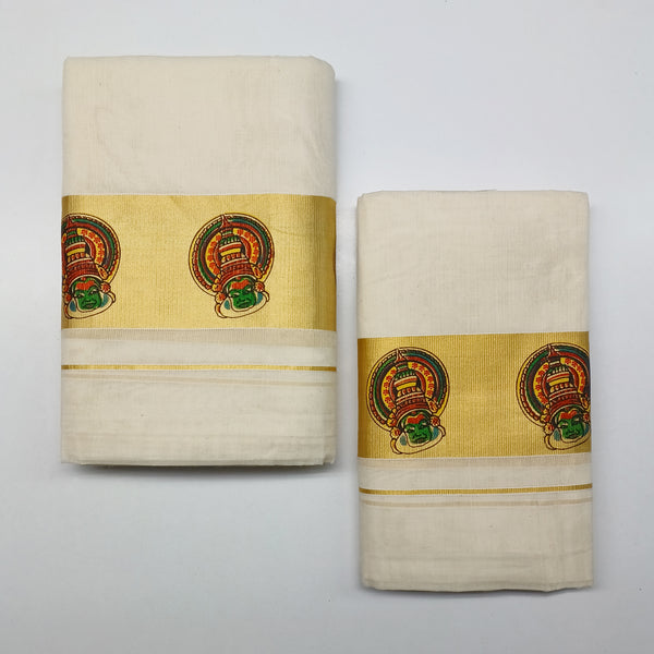 Pure Cotton Set Mundu [Double Set] with Attractive 4" Inch Kathakali Pacha Mural Print Border