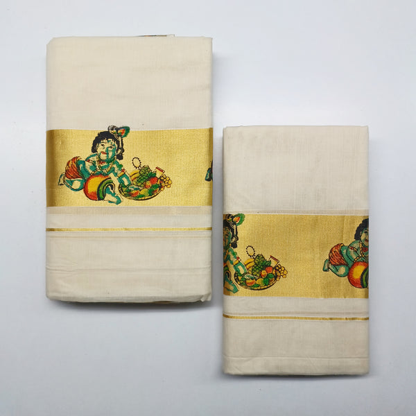 Pure Cotton Set Mundu [Double Set] with Attractive 4" Inch Krishna Mural Print Border