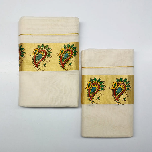 Pure Cotton Set Mundu [Double Set] with Attractive 4" Inch Mango Mural Print Border