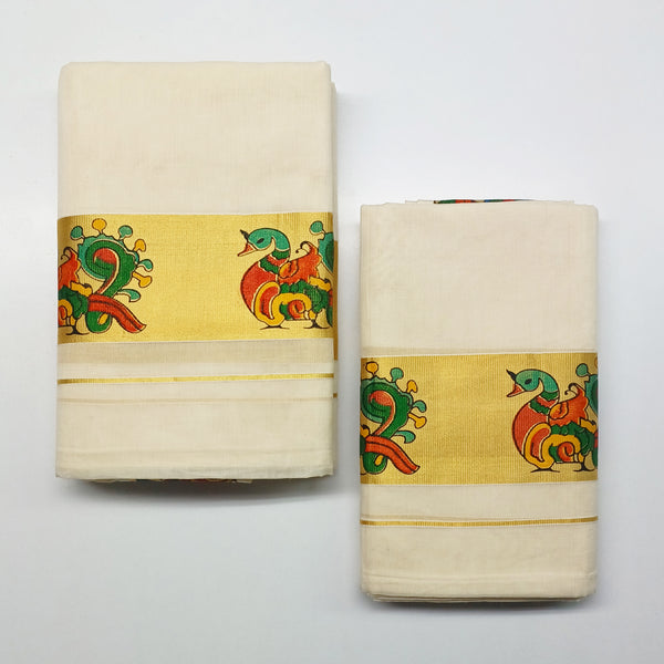 Pure Cotton Set Mundu [Double Set] with Attractive 4" Inch Peacock Mural Print Border