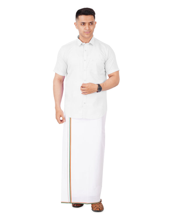 Men's Cotton White Half hand Shirt & Congress Border Dhoti Set