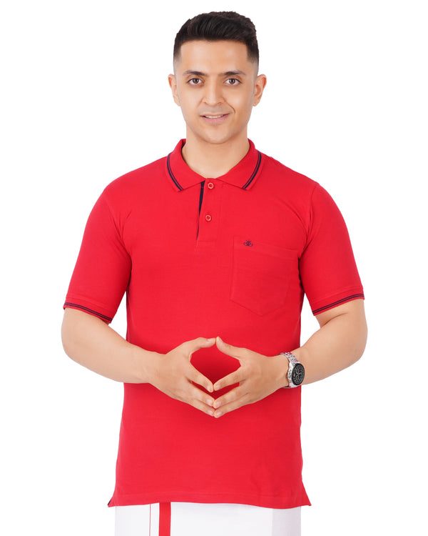 Polo T-Shirts for Men Contrast Line Coller with Pocket [Red]