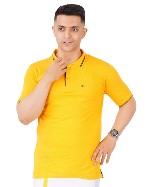 Polo T-Shirts for Men Contrast Line Coller with Pocket [Yellow]