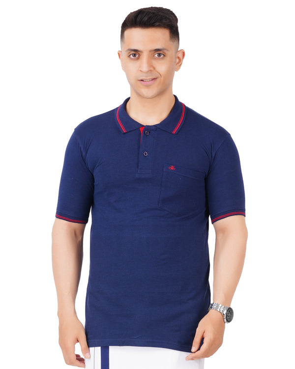 Polo T-Shirts for Men Contrast Line Coller with Pocket [Navy Blue]