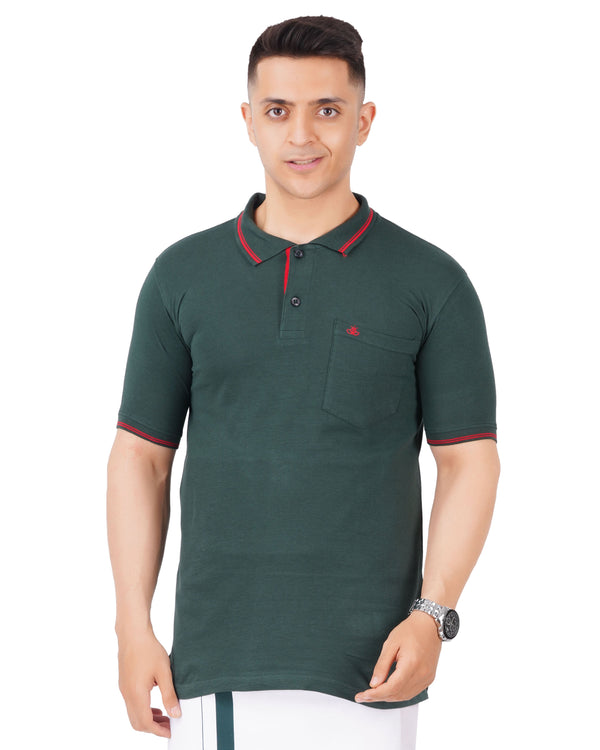 Polo T-Shirts for Men Contrast Line Coller with Pocket [Dark Green]