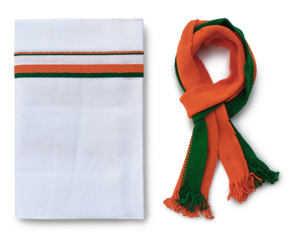 Men’s White Cotton Dhoti 2.00 Meter With BJP Border & Muffler Set