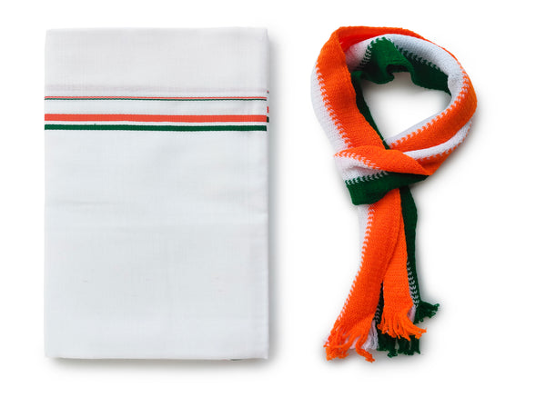 Men’s White Cotton Dhoti 2.00 Meter With Congress Border & Muffler Set