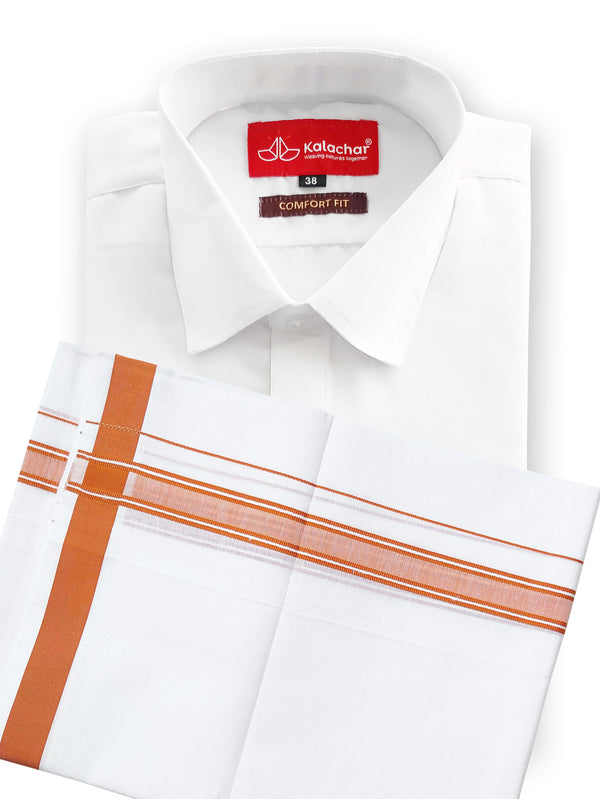 Men's Pure Cotton White Shirt 38"HH & Fancy Border Dhoti Set [Brick]