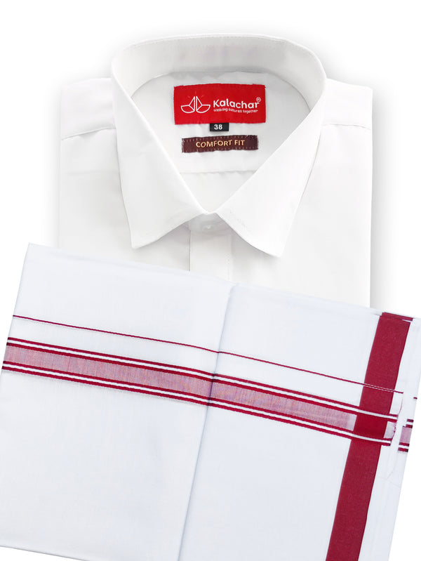 Men's Pure Cotton White Shirt 38"HH & Fancy Border Dhoti Set [Maroon]