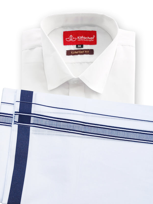 Men's Pure Cotton White Shirt 38"HH & Fancy Border Dhoti Set [Navy Blue]