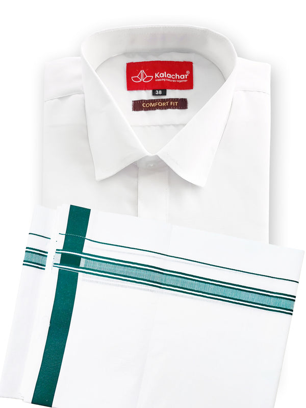 Men's Pure Cotton White Shirt 38"HH & Fancy Border Dhoti Set [Ramar Green]