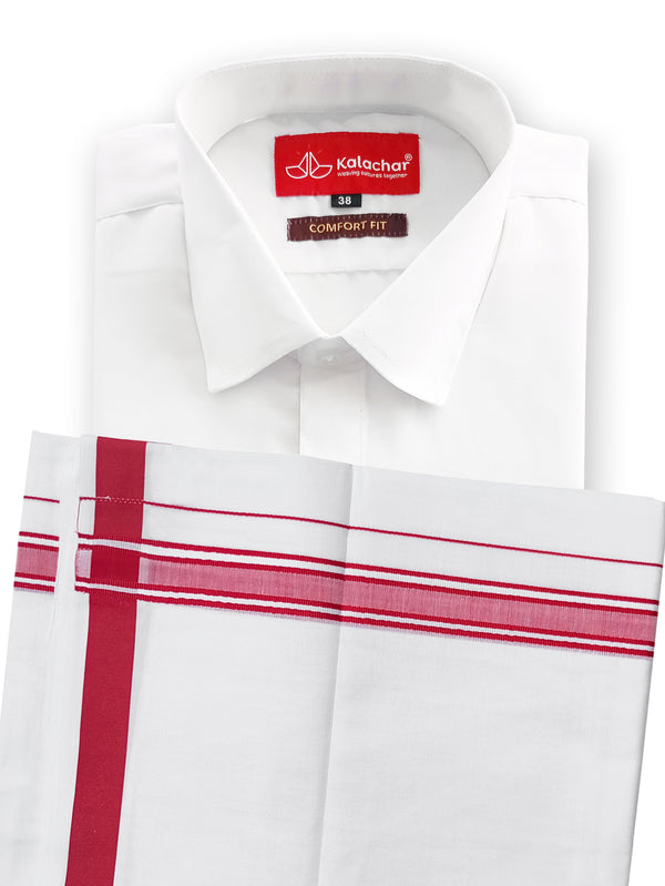 Men's Pure Cotton White Shirt 38"HH & Fancy Border Dhoti Set [Red]