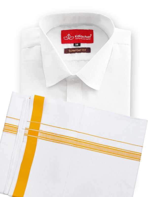 Men's Pure Cotton White Shirt 38"HH & Fancy Border Dhoti Set [Yellow]