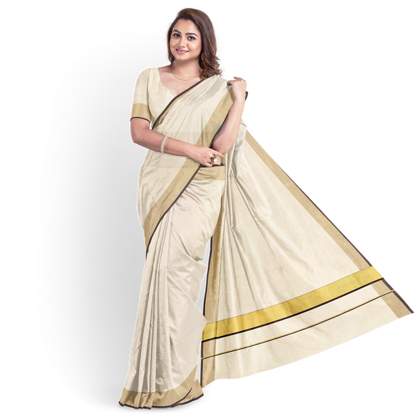 Women’s 4" Inch Zari Fancy Border Cream Saree  [Black]