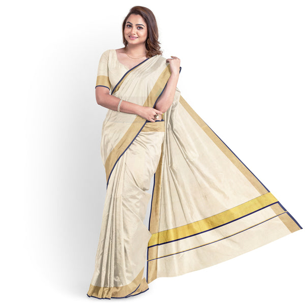 Women’s 4" Inch Zari Fansy Border Cream Saree [Ink Blue]