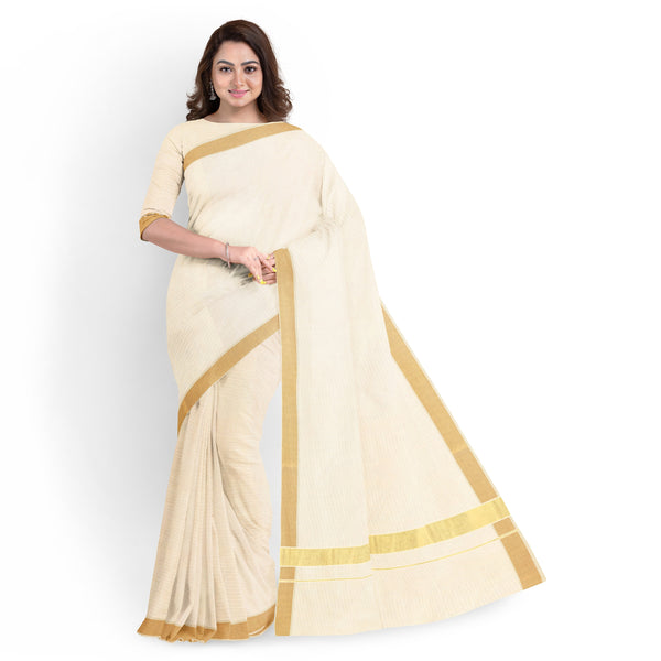 Women’s 2" Inch Zari Border Cream Saree  [Pure Cotton]