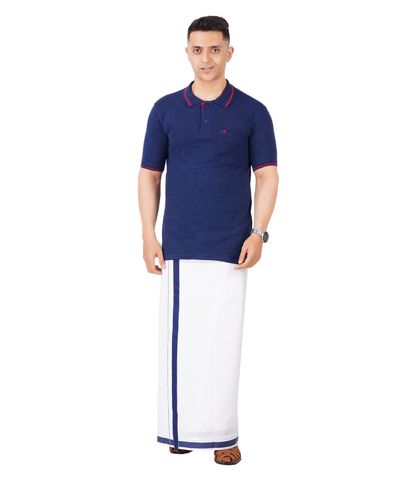 Men’s Matching Contrast Coller T-Shirt & Dhoti Set [Navy Blue]