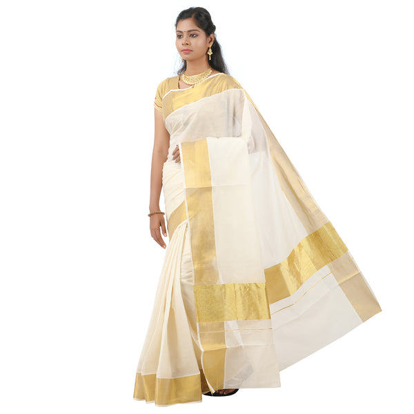 Women’s 5" Inch Zari Border Cream Saree  [Pure Cotton]