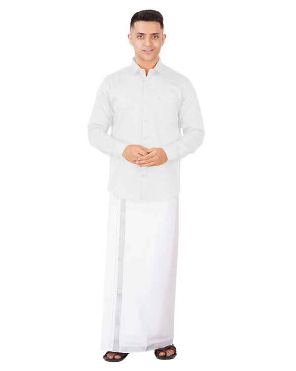 Men's White Full hand Shirt & White Silver Border Dhoti Set [Mix Cotton]