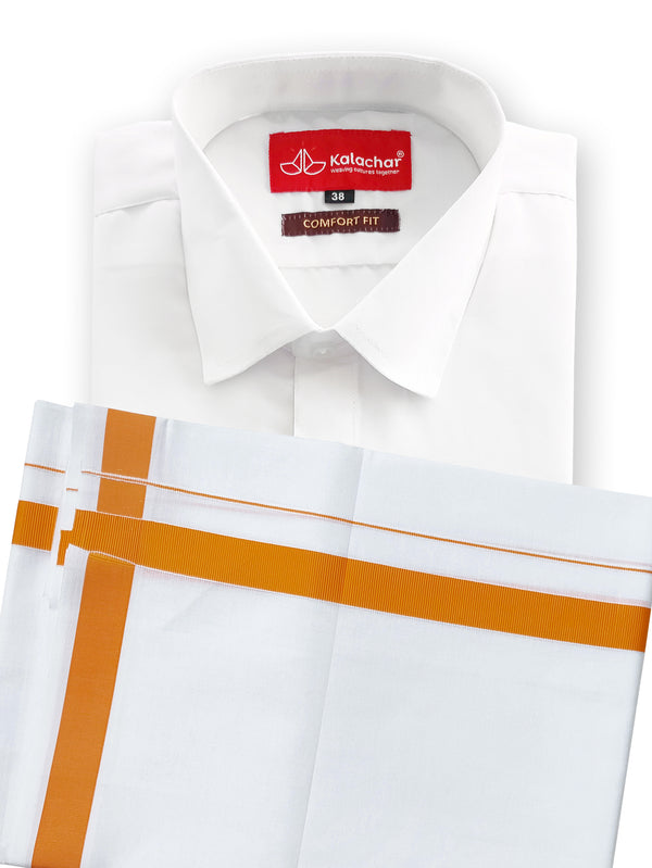 Men's Pure Cotton White Shirt Half Hand 38" with Brick Border Dhoti Set