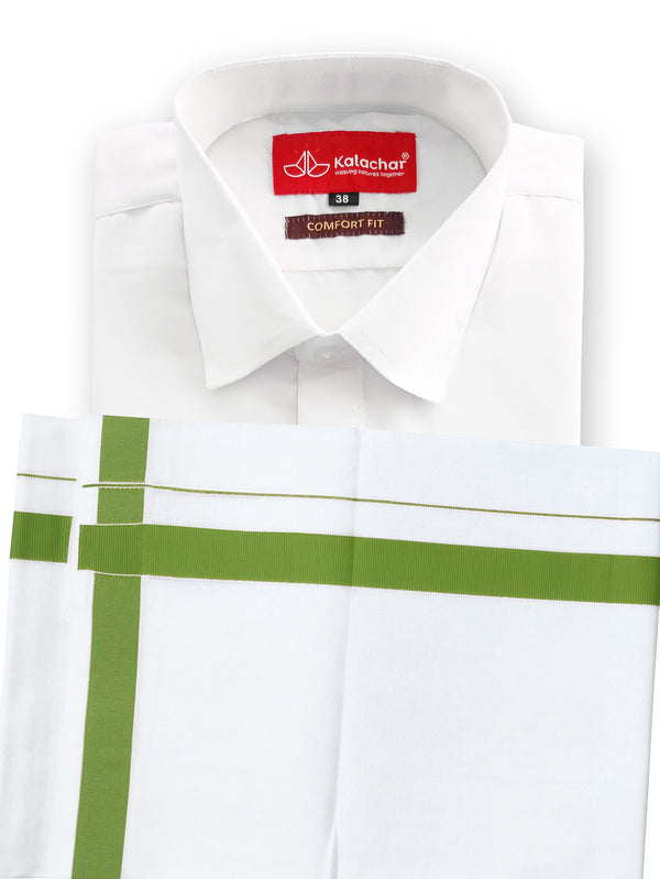 Men's Pure Cotton White Shirt Half Hand 38" with Olive Green Border Dhoti Set