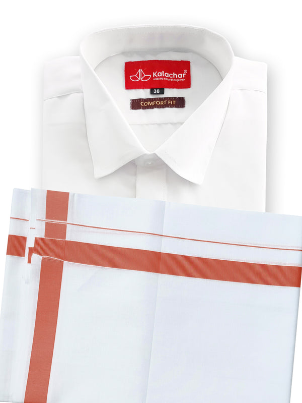 Men's Pure Cotton White Shirt Half Hand 38" with Onion Border Dhoti Set