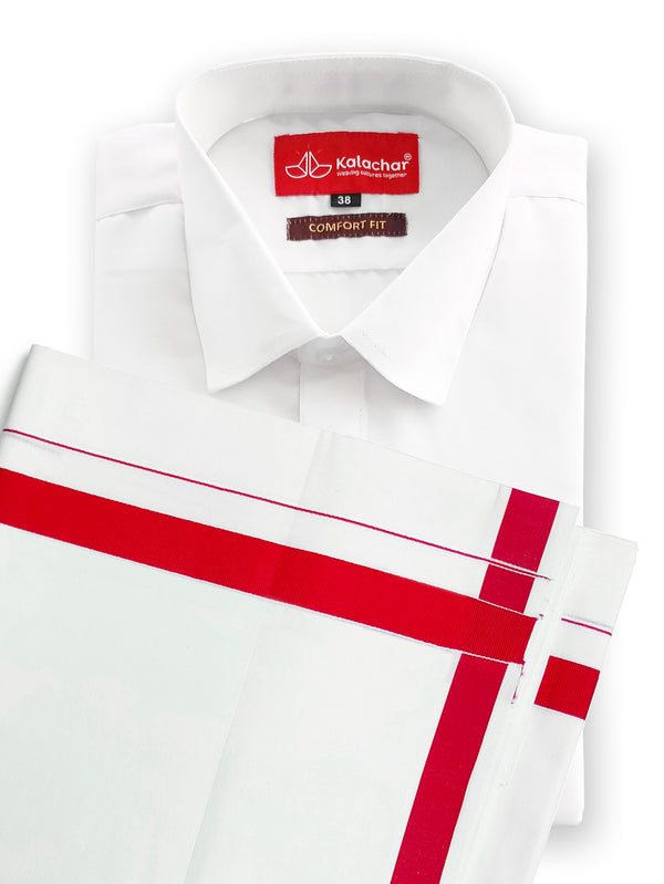 Men's Pure Cotton White Shirt Half Hand 38" with Red Border Dhoti Set