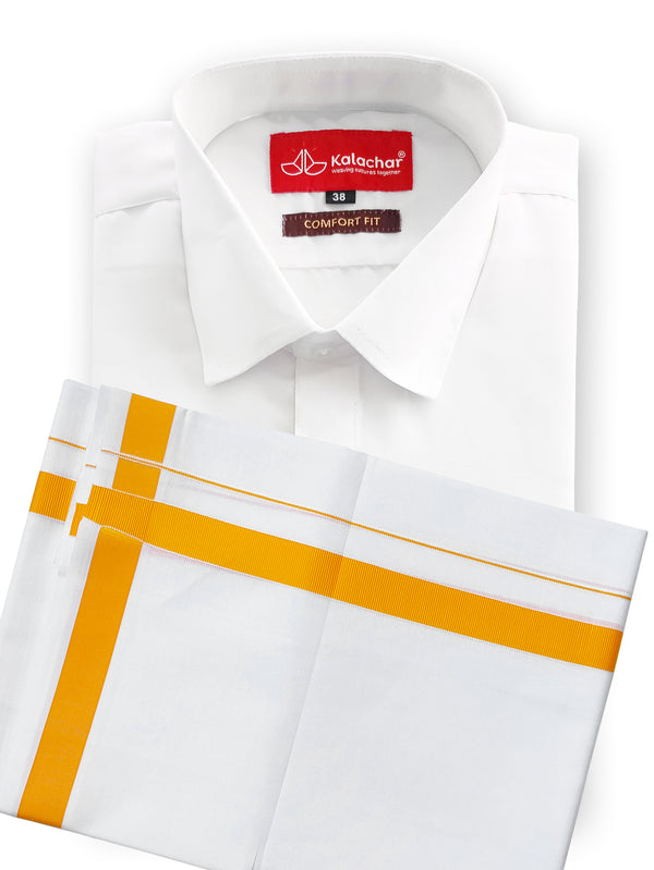 Men's Pure Cotton White Shirt Half Hand 38" with Yellow Border Dhoti Set