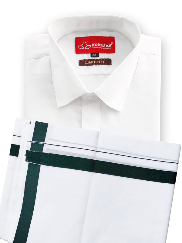 Men's Pure Cotton White Shirt Half Hand 38" with Dark Green Border Dhoti Set