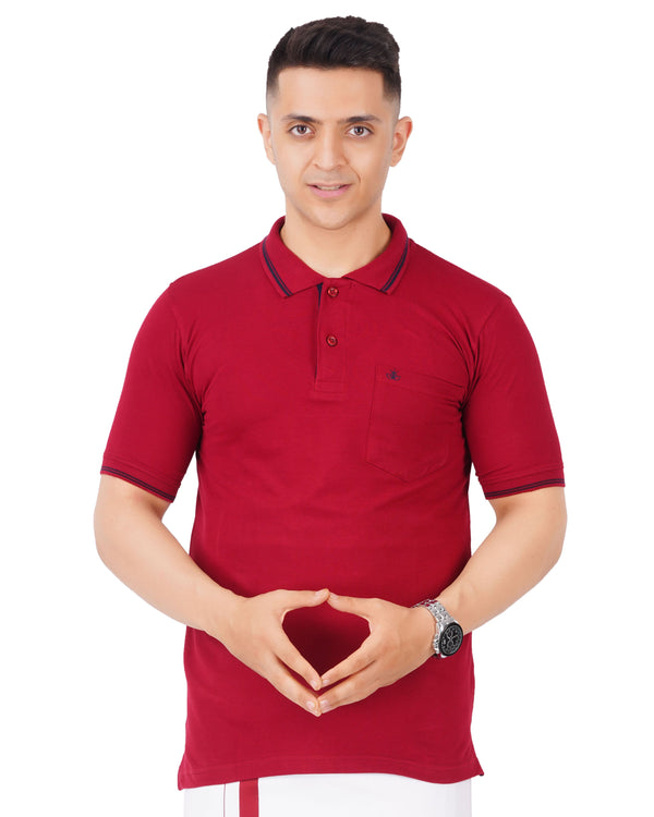 Polo T Shirts for Men Contrast Line with Pocket [Maroon]