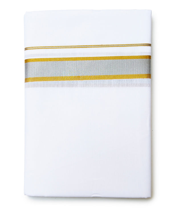 Men’s Cotton white Dhoti 2.00 Meter [Dark Gold & Silver] 1½’Inch Attractive Border.