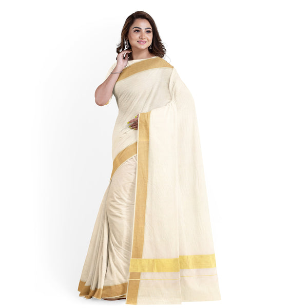 Women’s 3"Inch Gold Zari Border Cream Saree  [Pure Cotton]